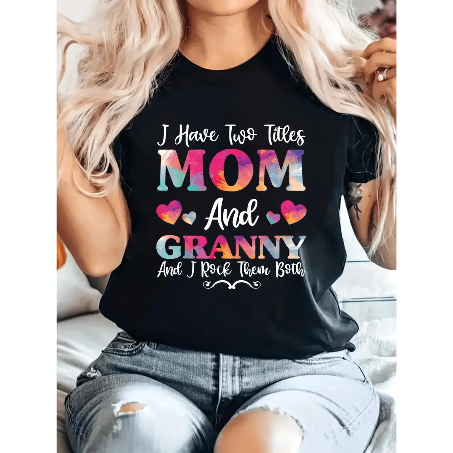 Women's Short Sleeve Shirt Featuring Mom and Granny Titles Comfortable Breathable Crew Neck Top with Vibrant Letters and Heart Designs Ideal Casual Spring Summer Gift for Mothers Day