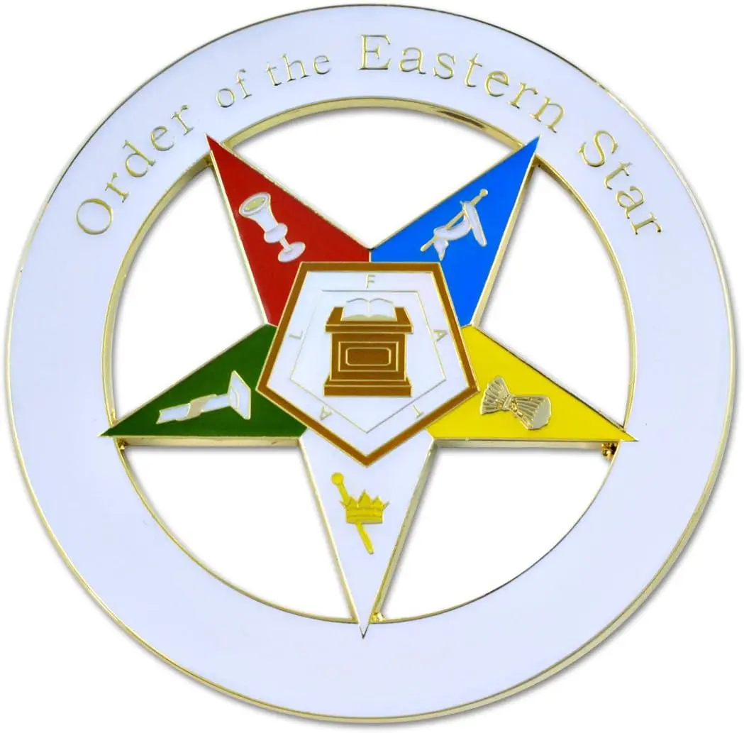 3'' Diameter White & Gold Decorative Order of the Eastern Star Round Masonic Car Emblem - Self-Adhesive Peel-Off Sticker for Masons' Automotive Exterior Accessories, Vehicles