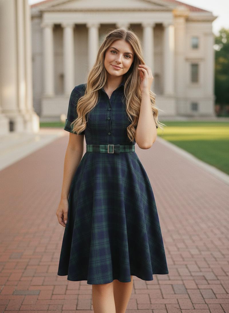 Retro Stage 1950S Green Plaid Short Sleeve Shirt Dress with Cinched Waist & Flared Skirt for Casual Outings & Dates - Classic Look & Comfortable Fit Womenswear Collared Shortsleeve Summer Basic Minimalist Vintage Girly Clothes Suits Gamis Fitted