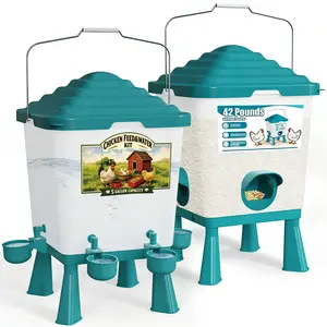 Chicken Feeder and Waterer Set, 42LB Large Chickens Feeders No Waste, 5 Gallon Chicken Waterer with Cups, Chicken Coop Accessories, Poultry Feeder & Chicken Watering System for Ducks, Quails