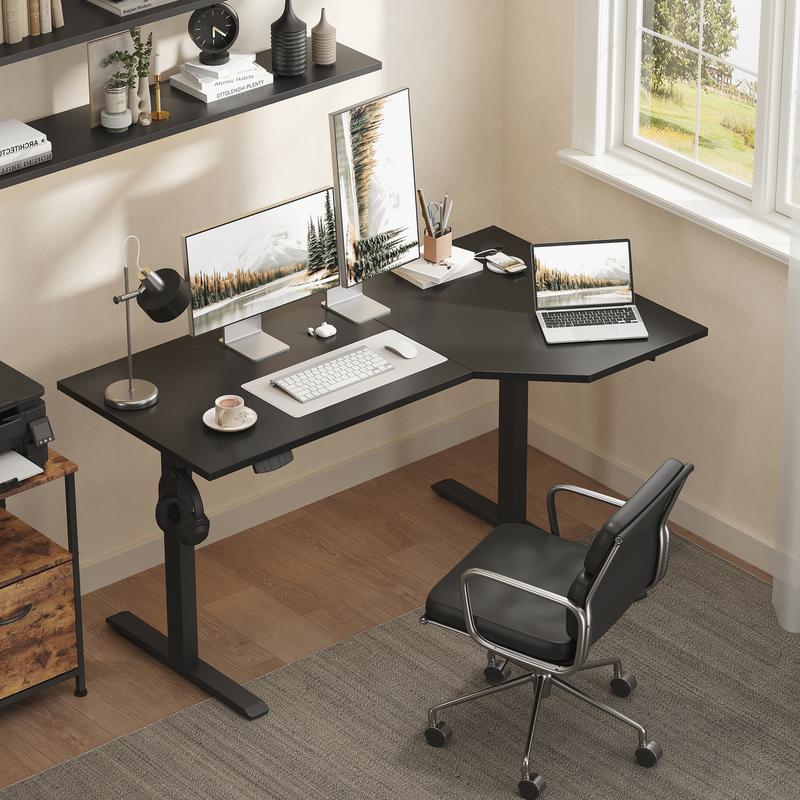 Agilestic 55.1 Inch /59 inch Electric L-Shaped Height Adjustable Standing Desk Sit to Stand Corner Desk with Memory Presets and Hooks Ergonomic Home Office Computer Desk for Workstations White