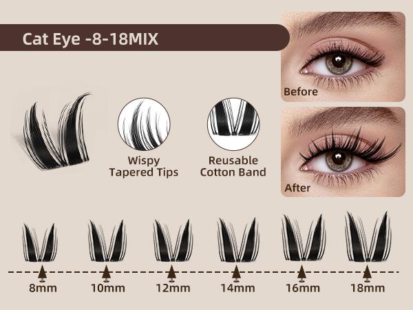 Cat Eye Lash Kit l JMS&JMS Kitty,【NO BRUSH】Cat Eye Lashes Clear Invisible Band C Curl,(8-18 MIX) for DIY Eyelash Cluster Extension Waterproof Anime Eyelash Manga LashFeb Faves Makeup Cosmetic