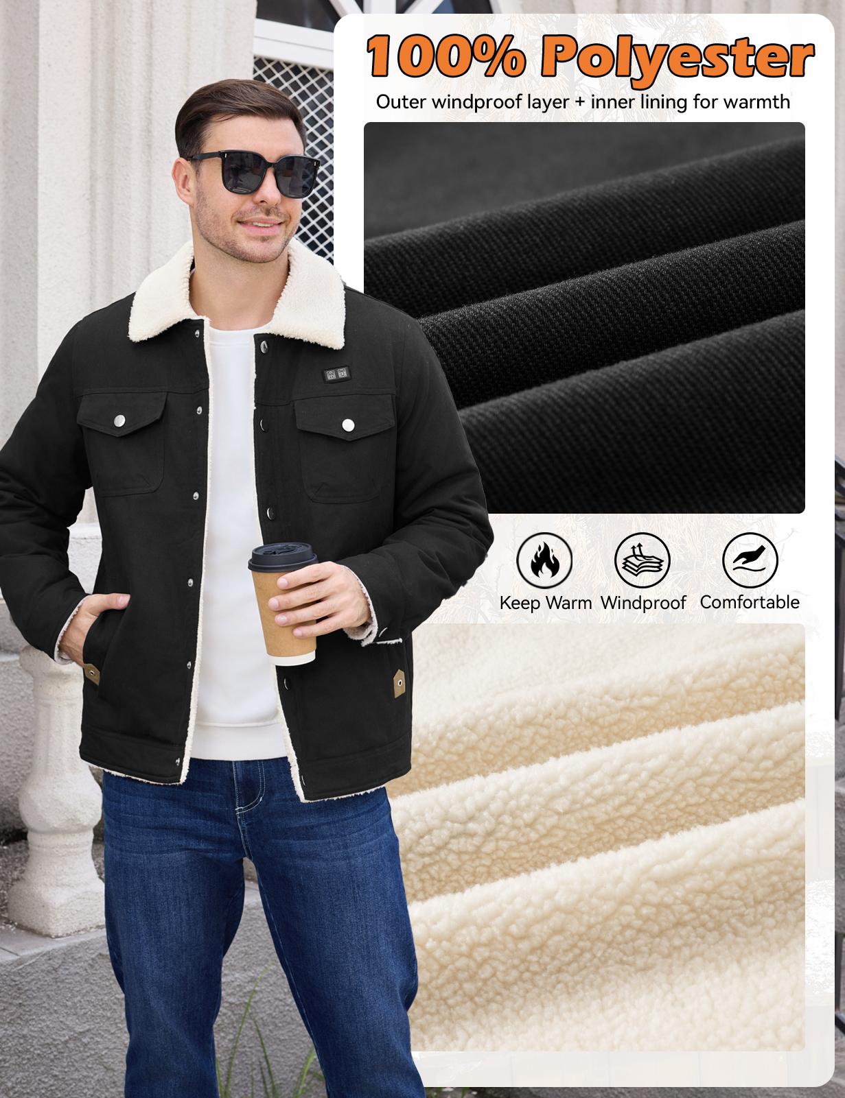 UMIPUBO Men's Heated Fleece Jacket with 5 Heat Zones, Sherpa Lining, Snap Closure, Warm Winter Outdoor Coat