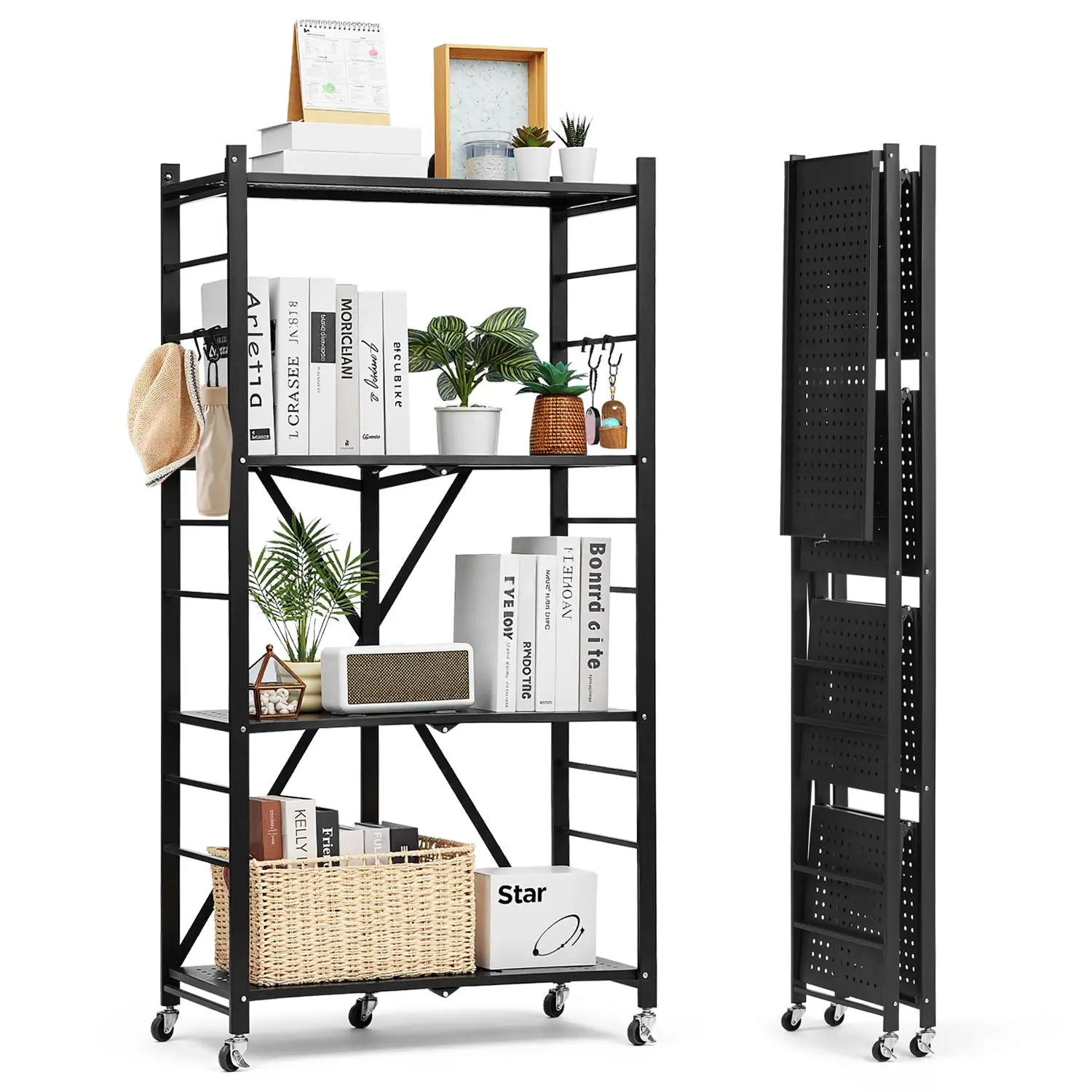 VEVOR Rectangular 4-Tier Foldable Q235A Grade Carbon Steel Organiser Shelf, 28Wx13Dx54H in, No-Assembly Portable Floor-Standing Utility Rack with Crossbar, 5 360° Swivel Wheels & 4 Hooks for Garage Organization, Black