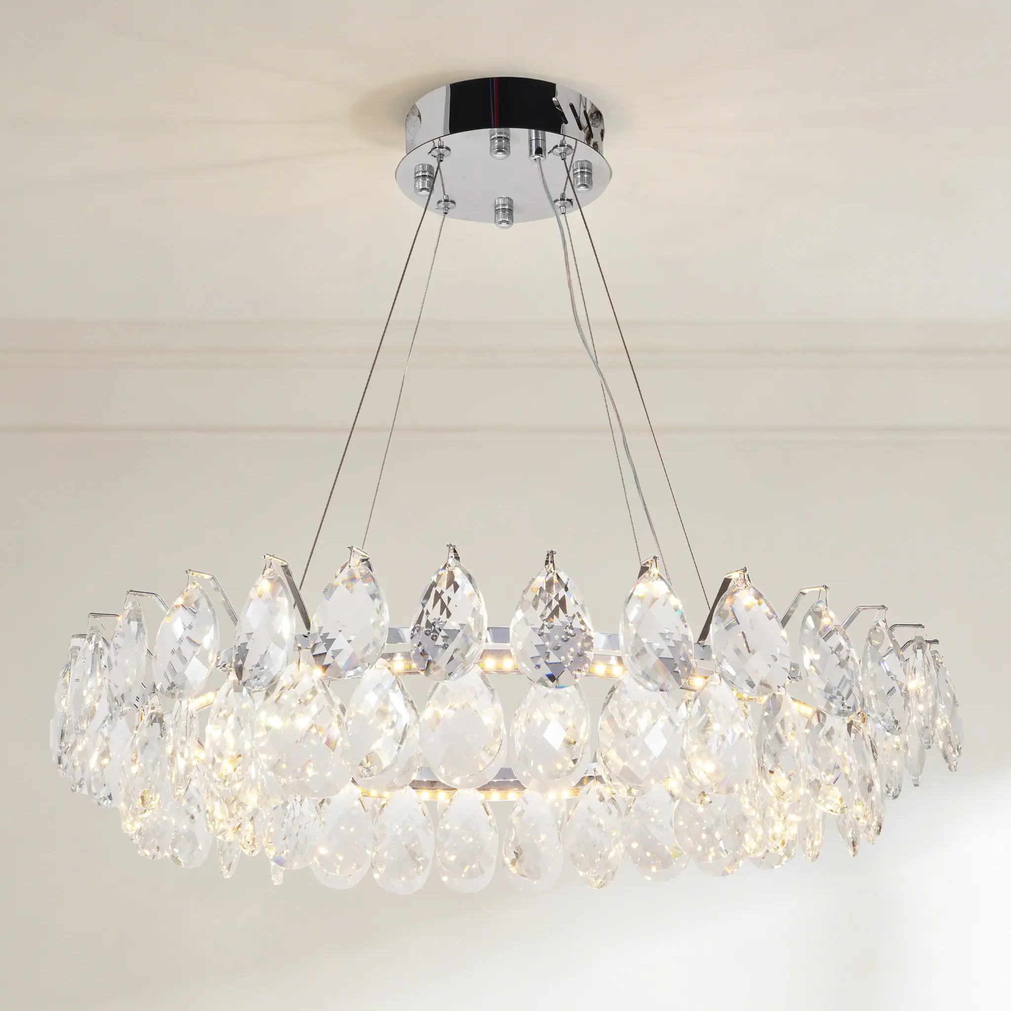 23.6 Inch Modern Chrome Teardrop K9 Crystal Ring Chandelier, 3-Color LED Pendant Light for Dining Room Living Room