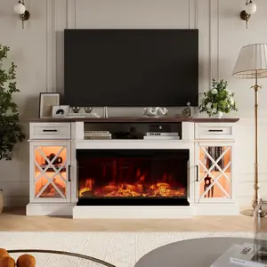 OKD 70" Wall-Mounted Rustic TV Stand – 36" Electric Fireplace, 2 Glass-Front Cabinets & 4 Drawers, Open Shelves, Farmhouse Entertainment Center / Media Console for Living Room