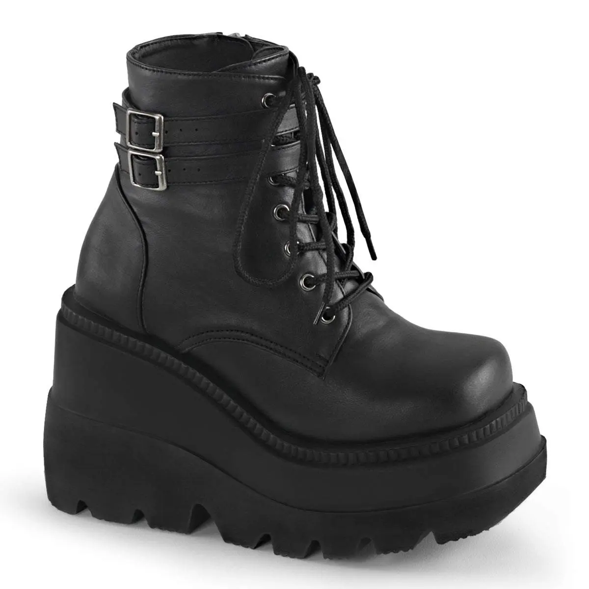 Women's Round Toe Vegan Leather Platform Heel Lace-Up Ankle Boot - Shaker-52