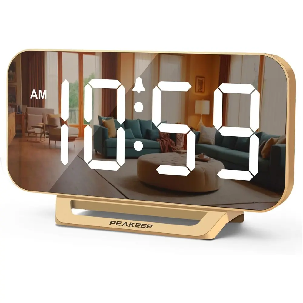 Gold Minimalist Slim Creative Digital Alarm Clock - Corded Plug-In Desktop Electronic Clock, 6-Dimmer Eye Care, Large Size Bright LED Display, Adjustable Brightness, Battery Backup, Mirror Design, Snooze, Gentle 55-100db, Multifunctional for Bedroom Desk,