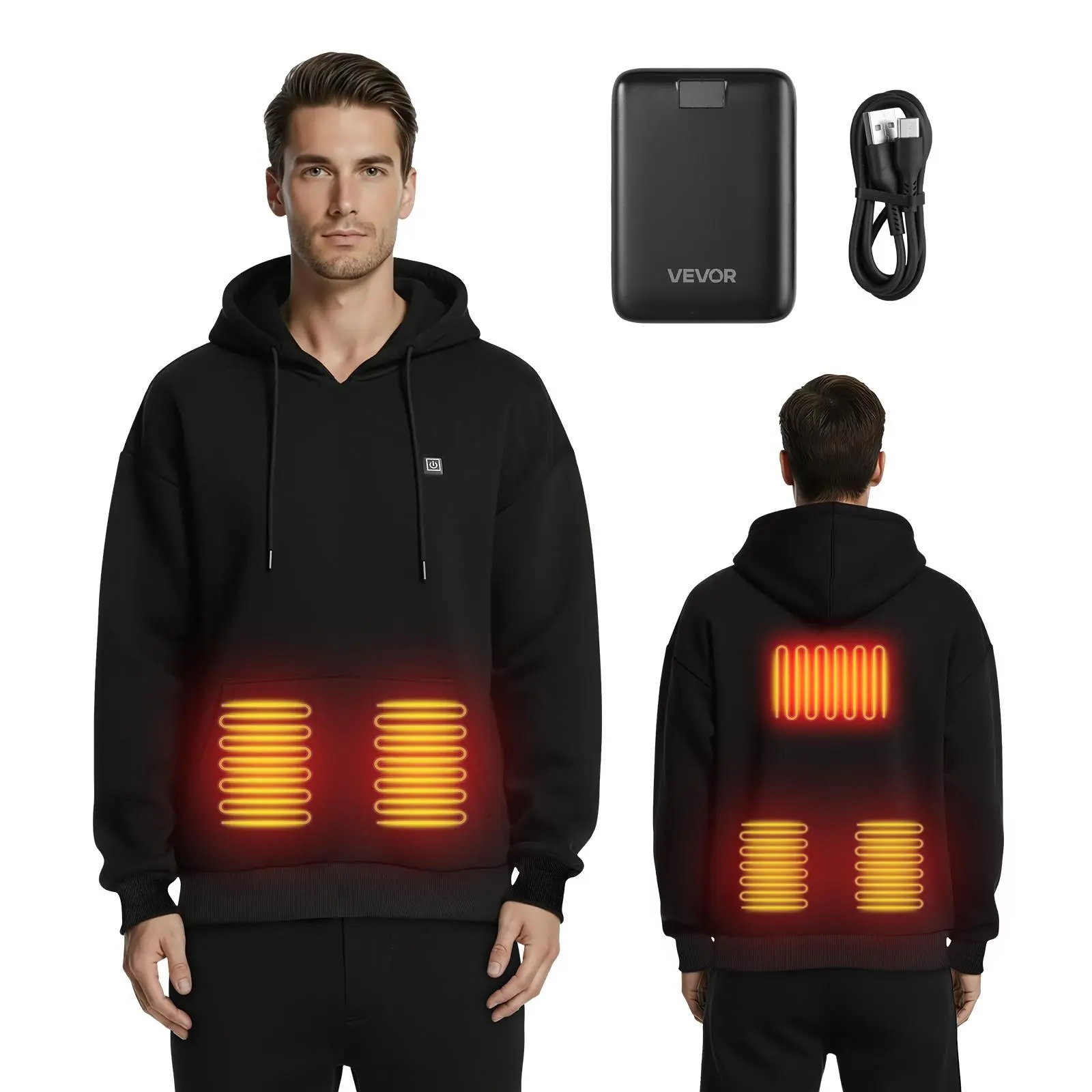 【Summerfinds】VEVOR Men's Loose Cut Cotton Blend Heated Hoodie Sweatshirt - Unisex Long-Sleeve Top, 7.4V 16000mAh Rechargeable Power Bank, 5 Heating Zones, 3 Temp Levels, 4-8H Warmth, Polyester Pocket, International Size Winter Outdoor Layer, Black, Outdoo