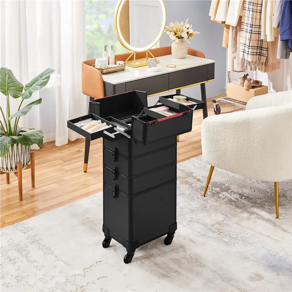 Yaheetech Professional Aluminum Frame 4-in-1 Rolling Makeup Train Case - Luggage Organization Solution with Clamp Locks, Lockable Drawers, Adjustable Trays, 17-39.5’’ Retractable Handle, Rolling Base, Makeup Containers, 13.5’’ L×10’’ W×32’’ H for Travel,,