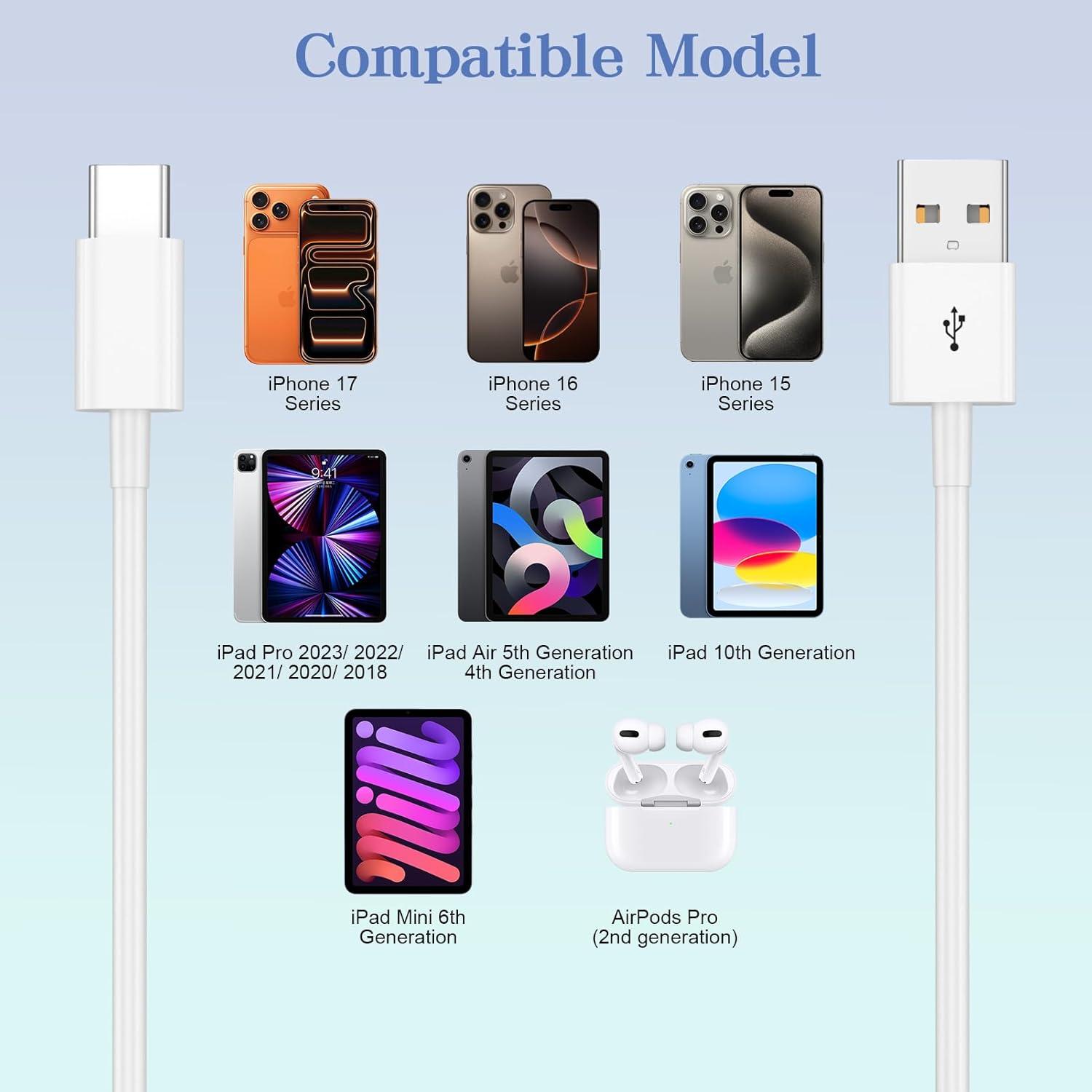 Fast Charging USB-A to USB-C Cable 2-Pack 6.5 Feet Compatible with iPhone 15/16/17 Chargers Works with CarPlay Supports Apple iPhone 17 Pro Max/16 Plus iPad Pro 12.9/11/Air 5th Gen/4th Gen Mini Long Type-C Charging Cable Fast Charging USB-A to USB-C Cable 2-Pack 6.5 Feet Compatible with iPhone 15/16/17 Chargers Works with CarPlay Supports Apple iPhone 17 Pro Max/16 Plus iPad Pro 12.9/11/Air 5th Gen/4th Gen Mini Long Type-C Charging Cable