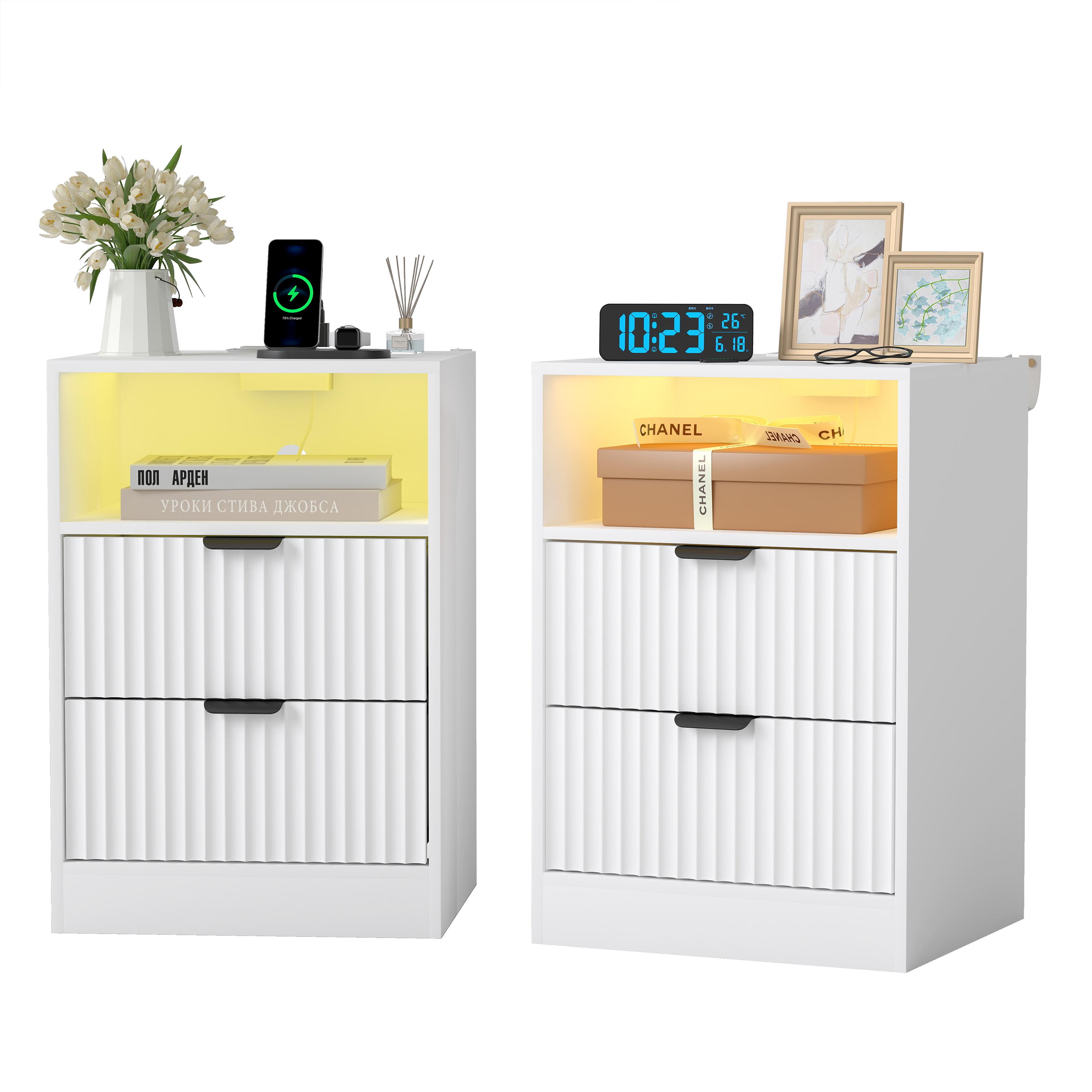 Night Stand Set 2, LED Nightstand with Charging Station,Wood Side Table,Fluted NightStands with 2 Drawers, End & Bedside Tables for Bedroom Sofa Office,Natural Oak