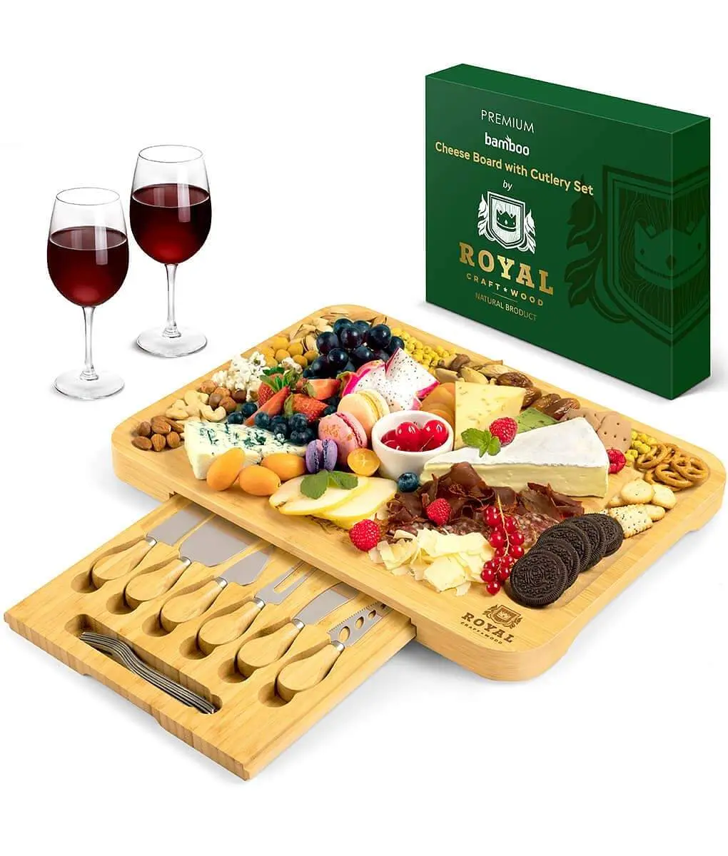 Royal Craft Wood Charcuterie Board – Bamboo Cheese Board & Wooden Serving Platter with Cutlery Set, Charcuterie Tray for Entertaining & Tableware (17.5”x13”)