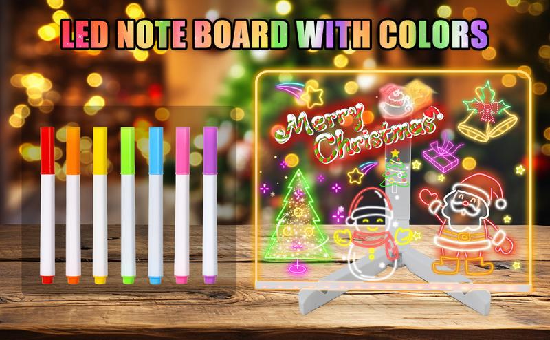 LED Note Board, Drawing board with Led Light, Drawing board, Clear Light up Dry Erase Board with Stand Glow Memo LED Letter Rewritable Message Board with 7 Color Markers