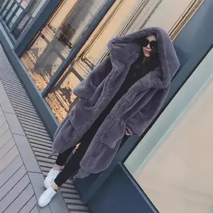 2025 Autumn Winter Faux Rex Rabbit Fur Thickened Long Hooded Fur Coat Faux Fur Thickened Loose Overcoat Jackets Blue