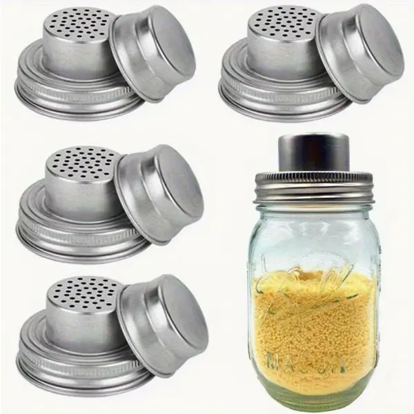 [4 Pack Stainless Steel Filter Lid] Stainless Steel Leak-Proof Seasoning Jar Lid with Built-in Filter | Cocktail Shaker, Salt, Pepper, Flour Filter for Mason Jars