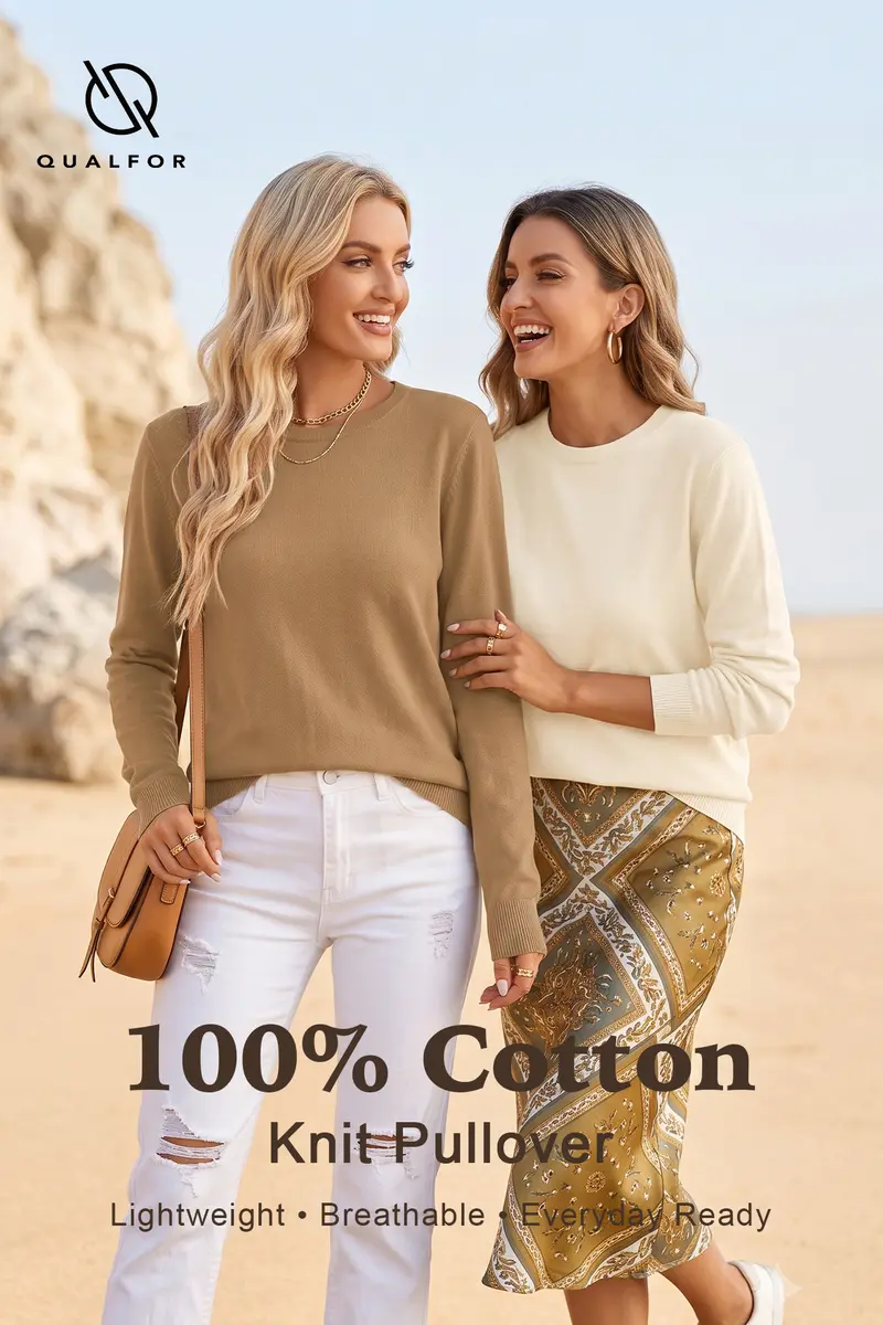 QUALFORT Women's 100% Cotton Crewneck Rib-Knit Pullover Sweater, Lightweight Long Sleeve Knit Top with Ribbed Cuffs, Regular Fit Casual Basic for Work, Office, Travel, Daily Wear, Layering, Fall Winter, Women's Clothing