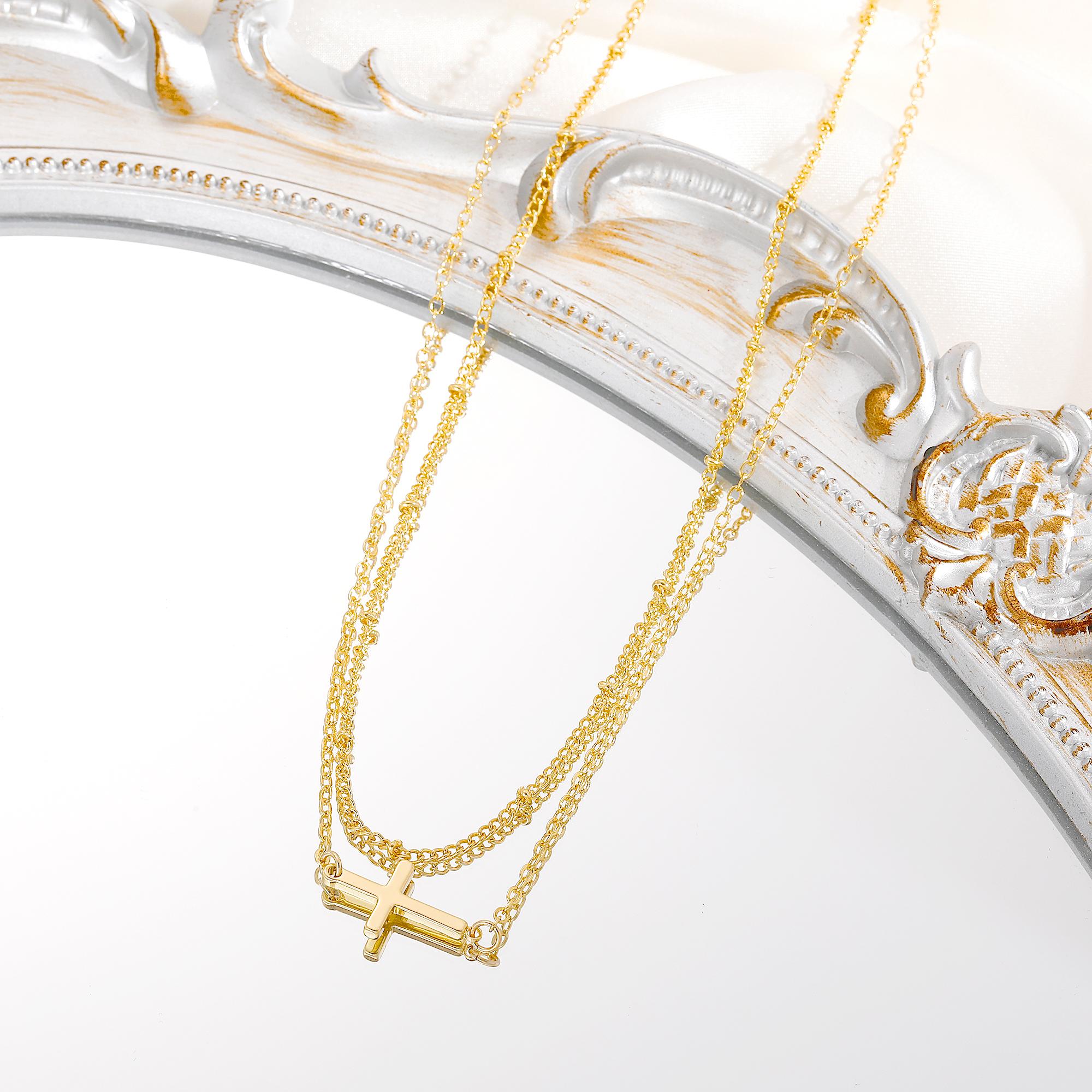 17KM 14K Gold Plated Layered Cross Necklace for Women , Dainty Small Pendant Choker, Trendy Faith Religious Jewelry, Minimalist Mother's Day Gift