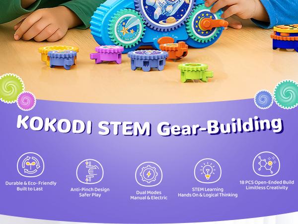 KOKODI STEM Gear Building Set, Mechanical Gear Engineering Kit, Puzzle Motor and Manual Dual Drive Construction Toy, 18 Large 40 mm Gears, Fine Motor and Sensory Learning Play KOKODI STEM Gear Building Set, Mechanical Gear Engineering Kit, Puzzle Motor and Manual Dual Drive Construction Toy, 18 Large 40 mm Gears, Fine Motor and Sensory Learning Play