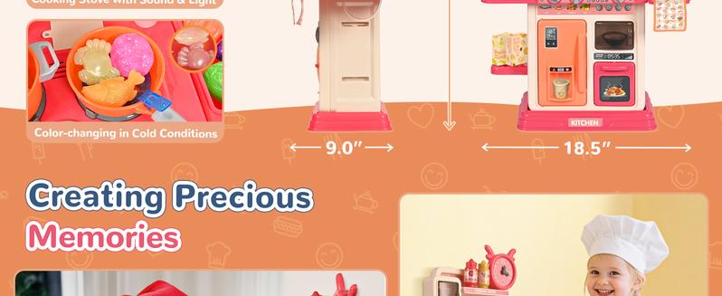 cossy Kids Play Kitchen,Toddler Kitchen with Sound and Light,Cooking Stove with Steam,Play Food Toy and Kitchen Accessories,Play Kitchen for Toddlers,Pink