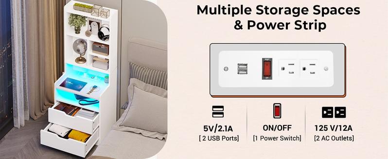 Sikaic LED Nightstand with Bookshelf Charging Station Table Multifunctional RGB Light Strips 2 USB Ports App Control Dynamic Modes Modern Side End Table