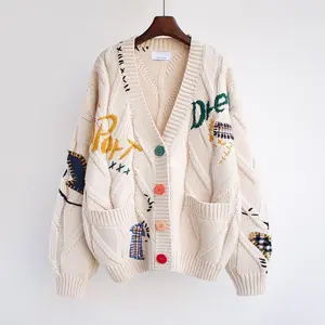 2025newFashion lazy style embroidered sweater women autumn and winter 2025 new letter design loose knitted sweater coat trend  Womenswear Formal Elegant