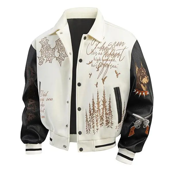 Men’s embroidered varsity jacket, black and white leather sleeve bomber jacket, casual streetwear button-up jacket for fall and spring Coats Longsleeves