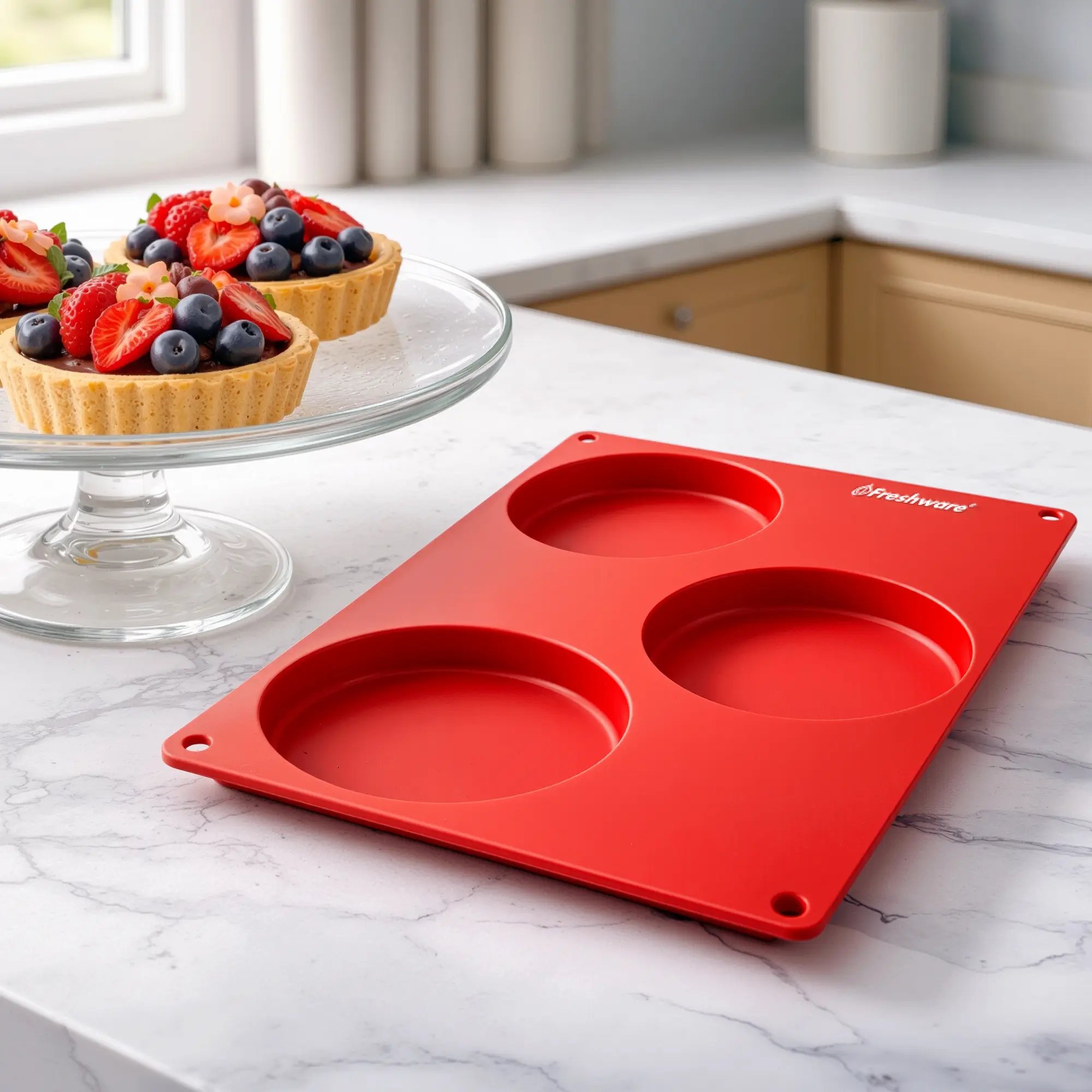 FRESHWARE 3-Cavity Silicone Tart & Cake Mold - Nonstick Silicone Molds for Desserts, Custards, Resin Coasters (Bakeware Baking Tin)