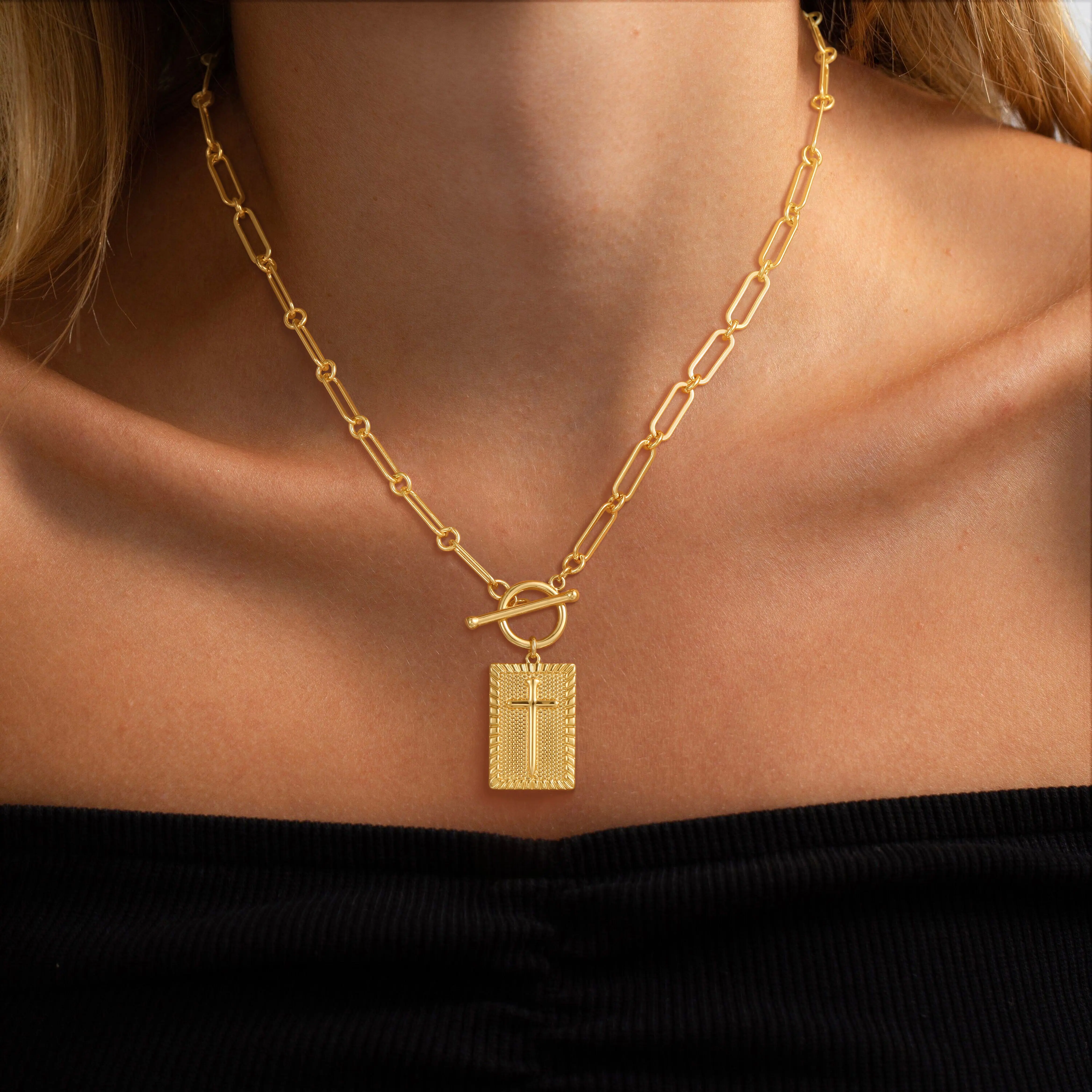 Loyalove 14K Gold Plated Charm Outdoorfun Cross Choker Necklace for Women - Thick Chunky Paperclip Chain, Cuban Link Chain, Hip Hop Fashion Jewelry, Trendy Easter Gifts