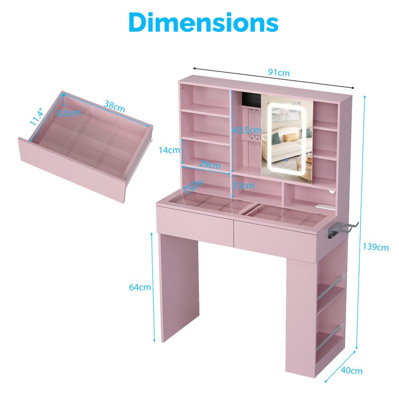 Ktaxon Vanity Table with RGB Lights & 3-Tone Dimmable Bulbs - Glass Top Dresser with 3 Drawers, 2 Glass Doors & 2 Side Shelves | Built-in Power Strip, Hair Dryer Holder
