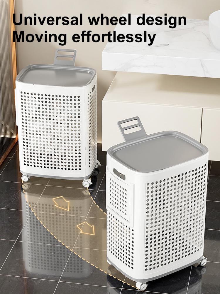 UFORU Laundry basket with wheels, white and gray, ventilated clothes and towel basket, odor-resistant, convenient rolling storage, suitable for dorms, bedrooms, bathrooms, portable laundry basket with lid