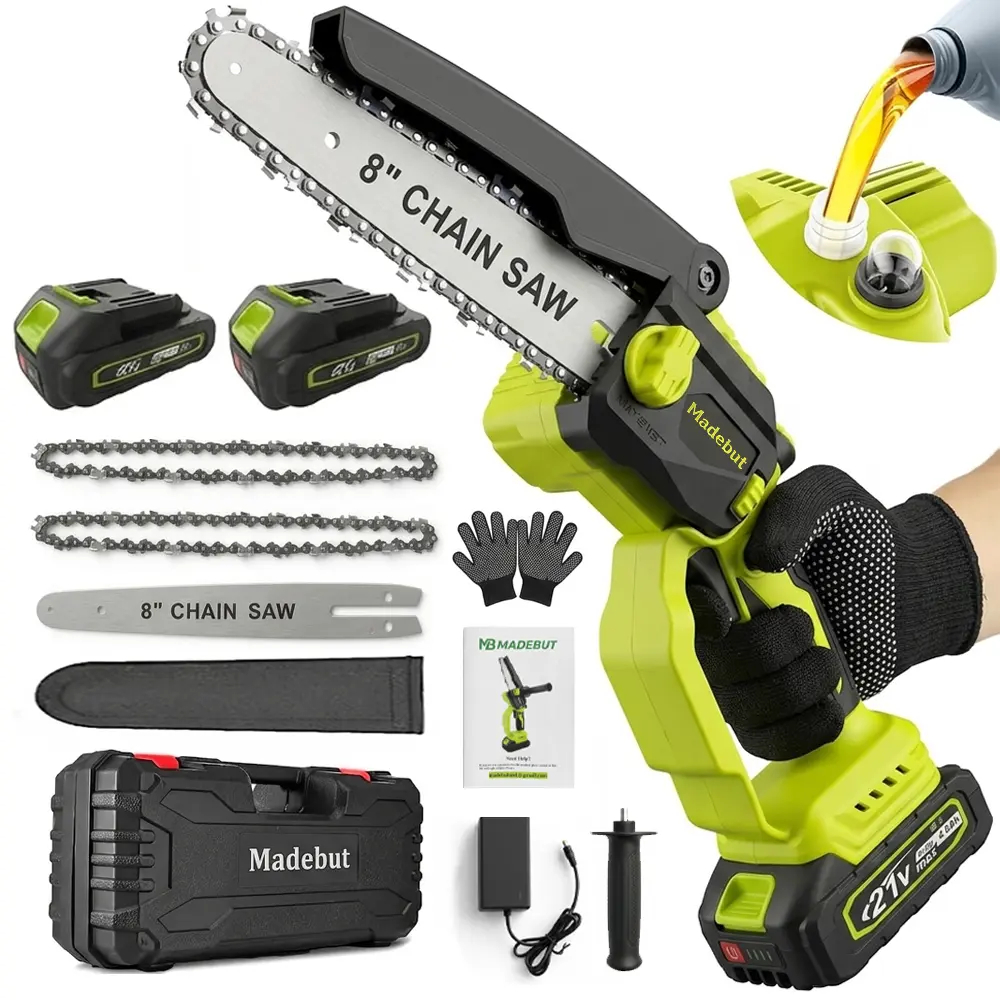 8-Inch Cordless Mini Chainsaw, 21V Battery-Powered Chain Saw with 2 Batteries, 2 Chains, Auto Oiling & Auxiliary Handle for Gardening, DIY Projects, Tree Trimming & Wood Cutting