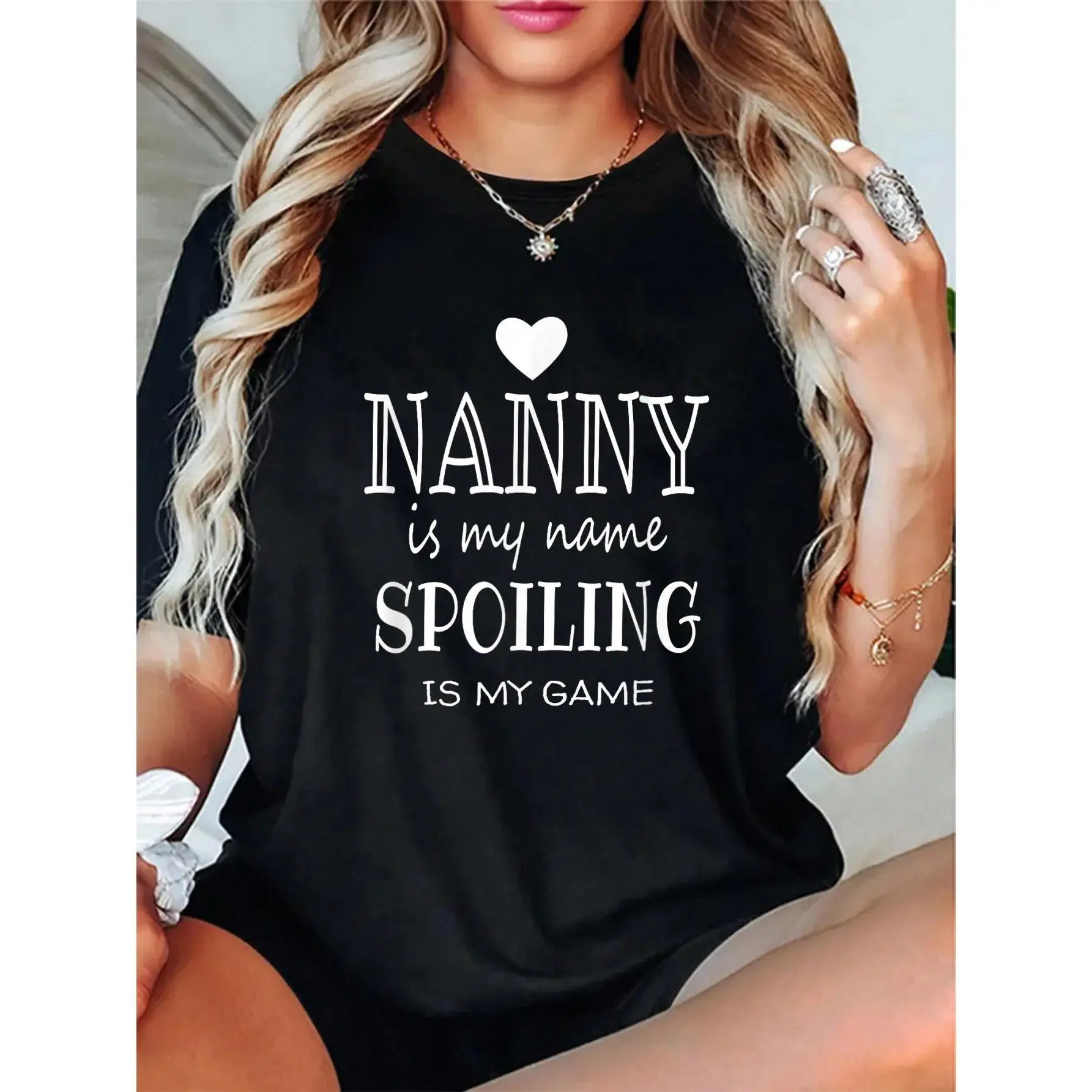 Women's Funny Nanny Digital Print Round Neck T-Shirt - 100% Cotton, Soft, Breathable, Relaxed Fit, Short-Sleeve, Casual Tops Clothes, Ideal Gift for Grandma