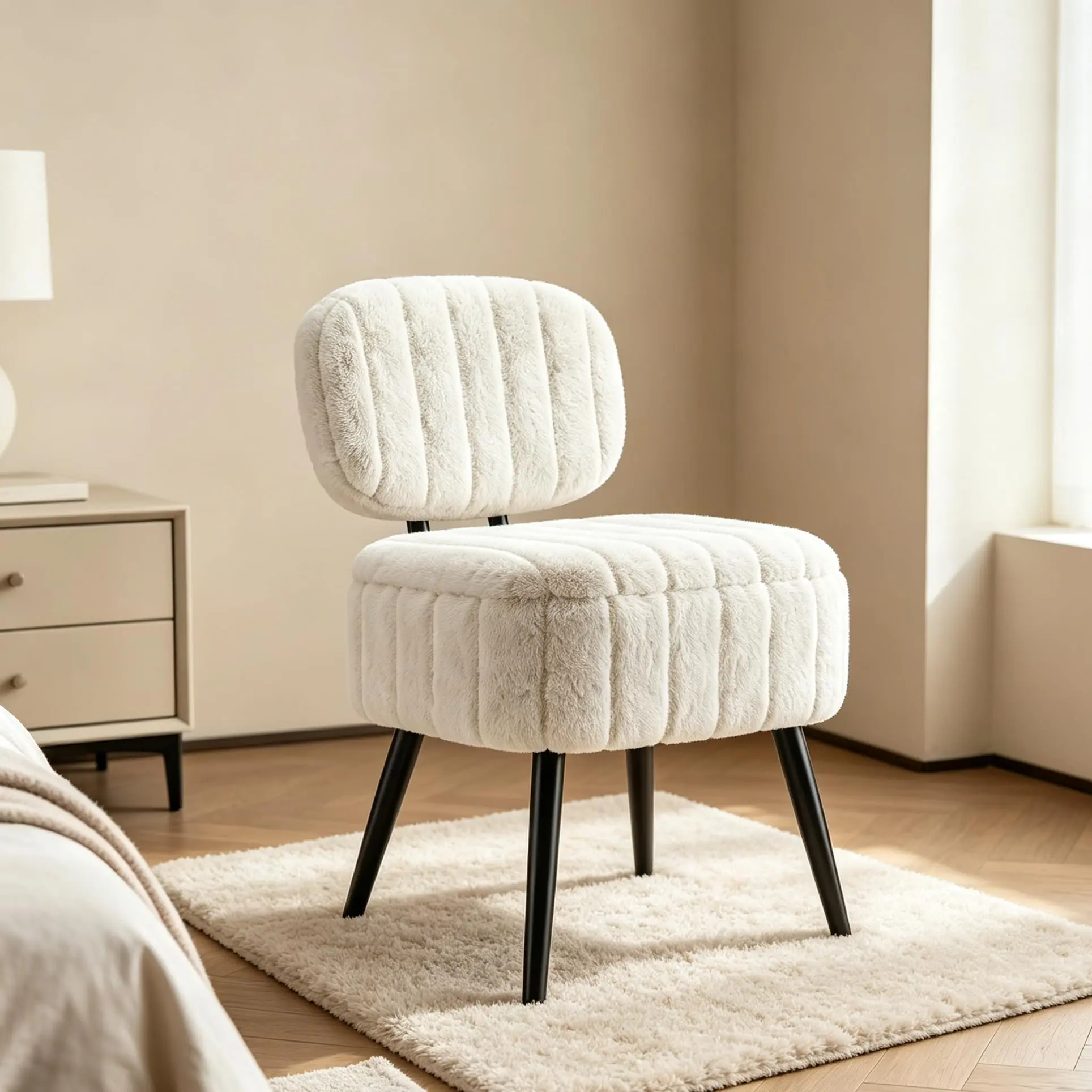 Garvee Ergonomic Plush Vanity Chair - Armless, Soft Fuzzy Upholstery, Hidden Storage for Comfortable Seating & Practical Use with Plush Look