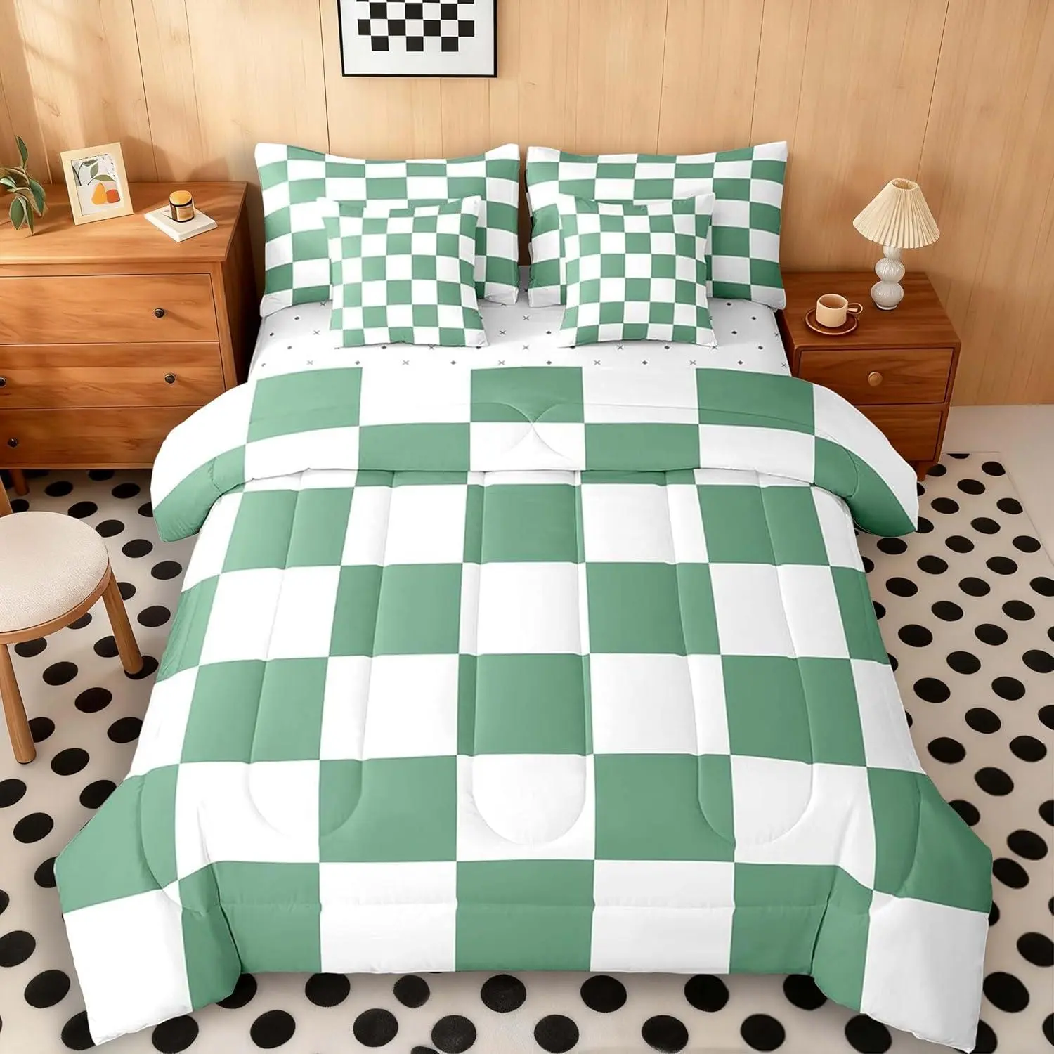Green Bedding Set 7 Piece Checkered Grid Comforter Set with Sheets Plaid Buffalo Check Classic Bed in a Bag Soft Lightweight,Microfiber