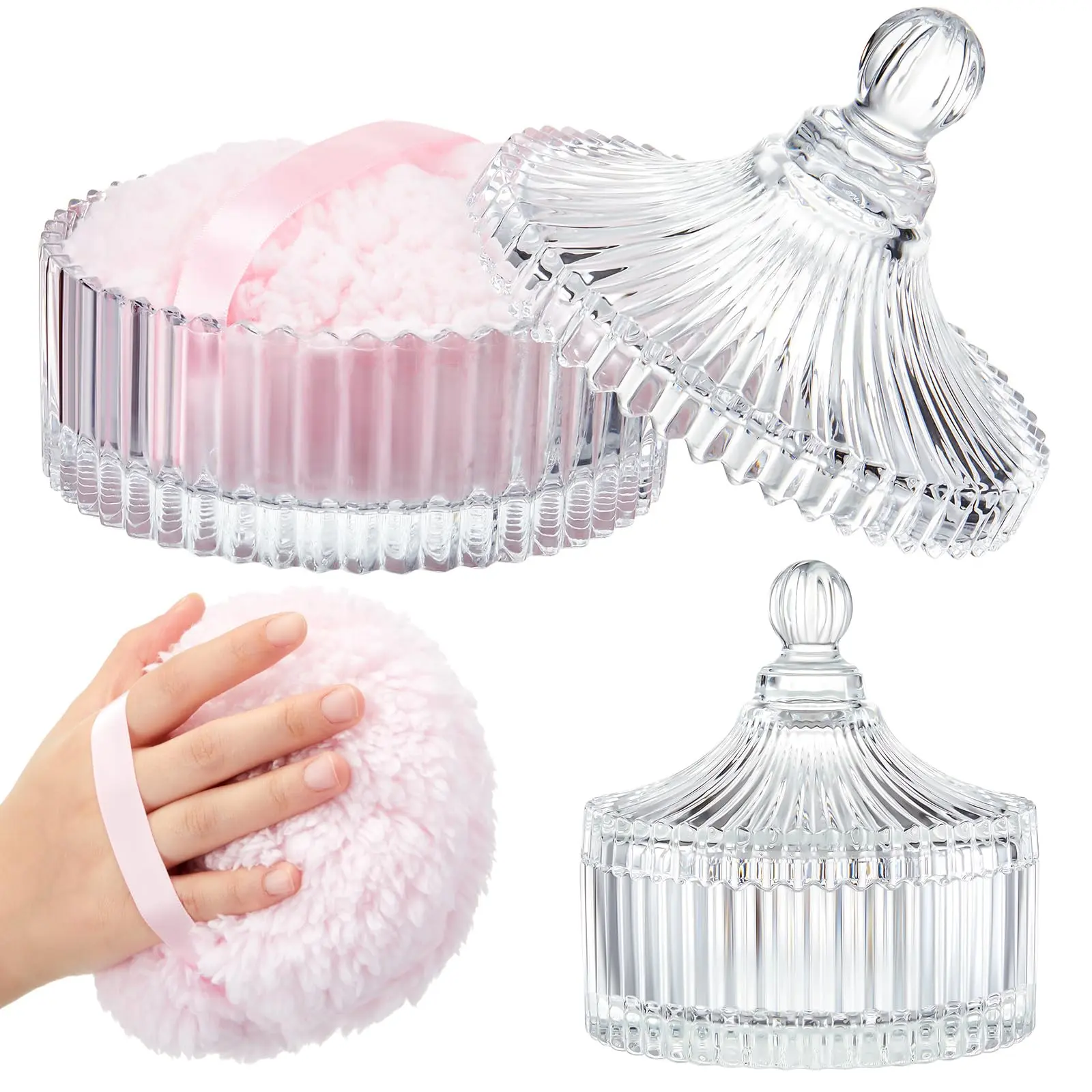 Extra Large Dusting Powder Puff and Container for Women-4“/6'' Glass Crystal Dusting Powder Container with 5.91'' Body Soft Washable Reusable Velour Face(Clear,Classic)