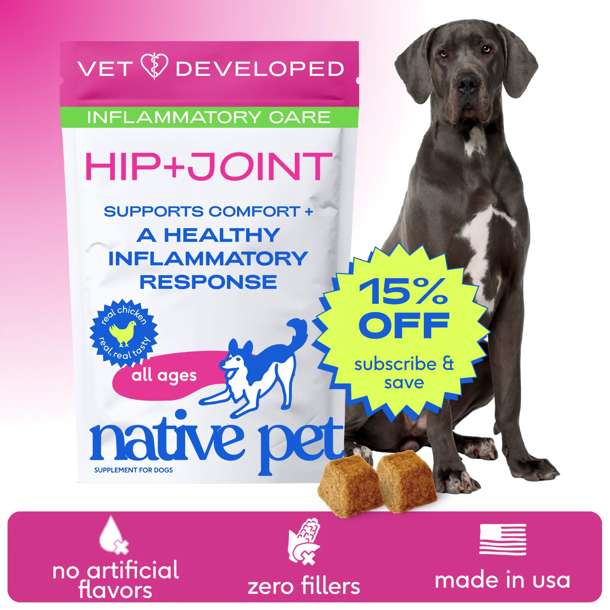 Native Pet Pain Relief for Dogs - Collagen for Dogs Promotes Joint Health, Reduce Inflammation & Stiffness - Senior Pup Joint Supplement - Natural Pain Reliever for Active & Aging Pets Chicken Remedy Chews