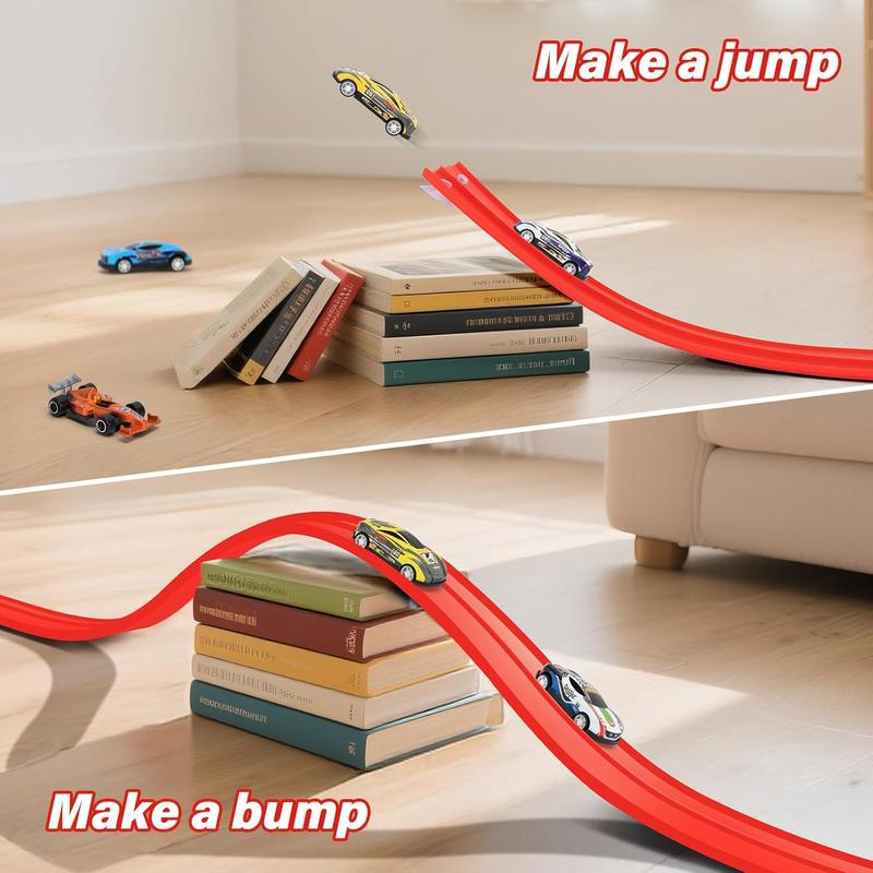 Flexible Race Car Track set - 15ft roll-Up Track with 4 Mini Cars & Suction Cups | Compitable with Hot Wheels & Diecasr Vehicles , Portable Indoor Racing Toy for Kids