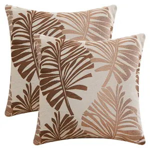 REGALWOVEN 2pcs Throw Pillow Covers Decorative Farmhouse Pillow Case Soft Palm Leaf Pattern Cushion Pillowcase for Home 18 x 18 Inch Brown