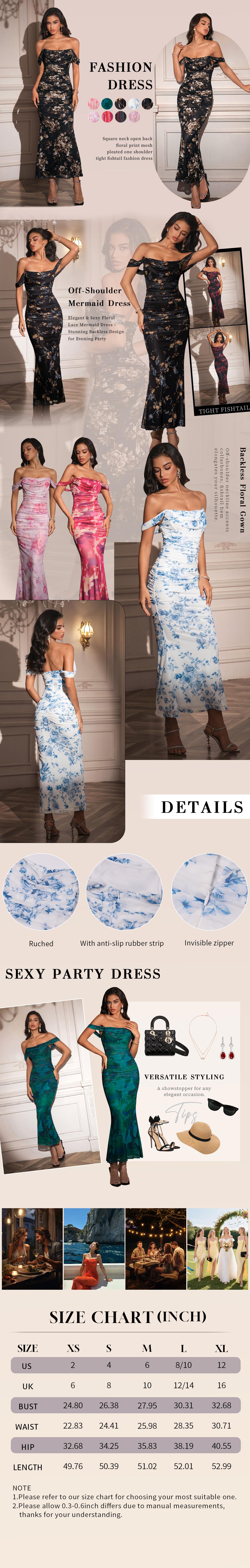 Off-Neck Backless Ruched Solid Color Mermaid Hem Print Mesh Dress, a Bodycon Long Dress Makes an Elegant and Stylish Prom Outfit Choice SpringStatements