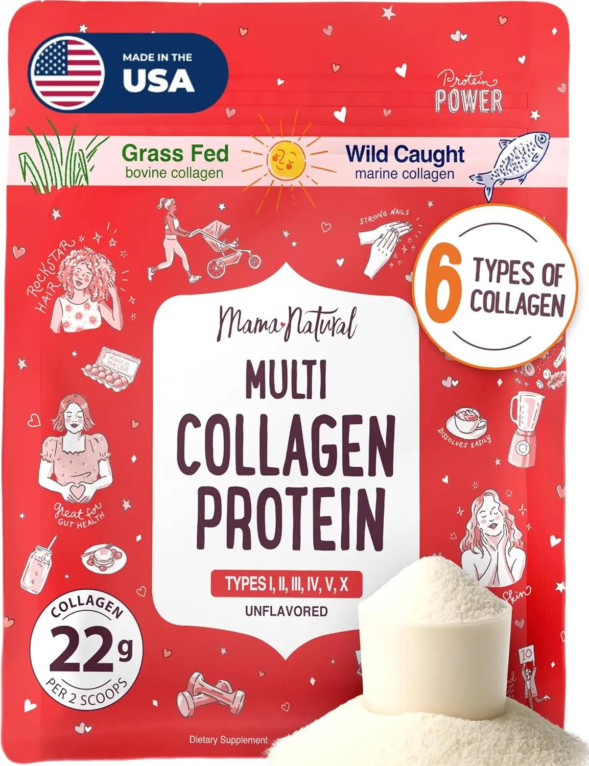 Mama Natural Multi Collagen Protein Powder Type I II III IV V X - Unflavored & Hydrolyzed 16Oz Pure Collagen Peptides Powder - Grass Fed Beef, Wild Fish Marine & USA Eggshell - Whole Body Collagen