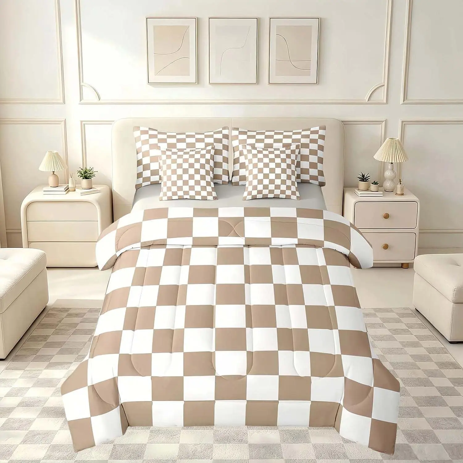 Checkered Comforter Set with Sheets Brown Plaid 7 Pieces Bedding Set Vintage Checkerboard Geometric Bed in a Bag Reversible Grey Room Decor Soft