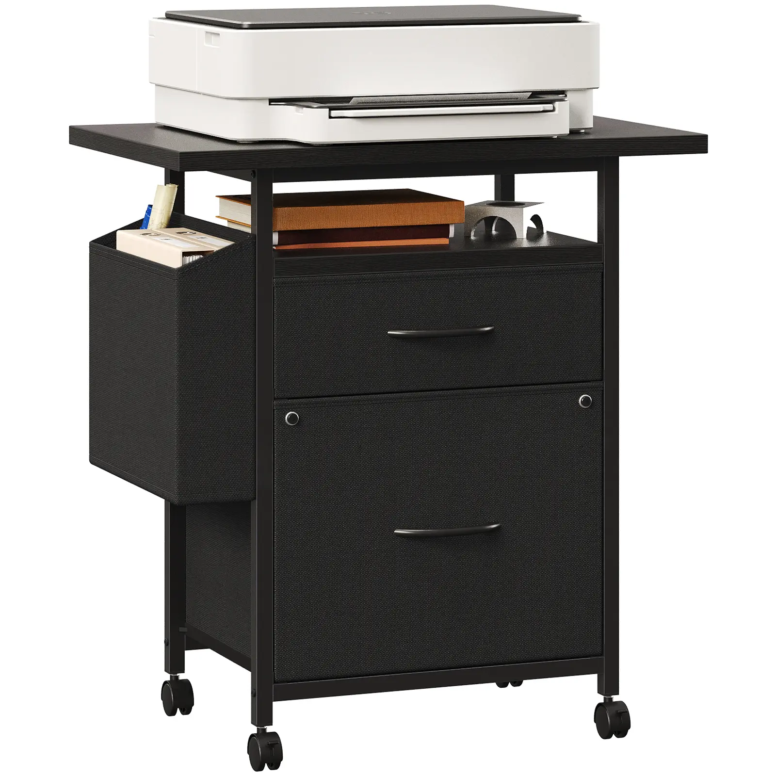 Mobile 2-Drawer File Cabinet with Lockable Wheels, Rolling Office Printer Stand, Open Storage Shelf, and Side Hanging Bag for Home Office Use
