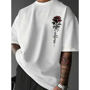 Cotton short sleeve T-shirt comfortable loose fit men's casual rose print T-shirt-crew neck, polyester blend, quick-drying, summer wear Fabric Menswear