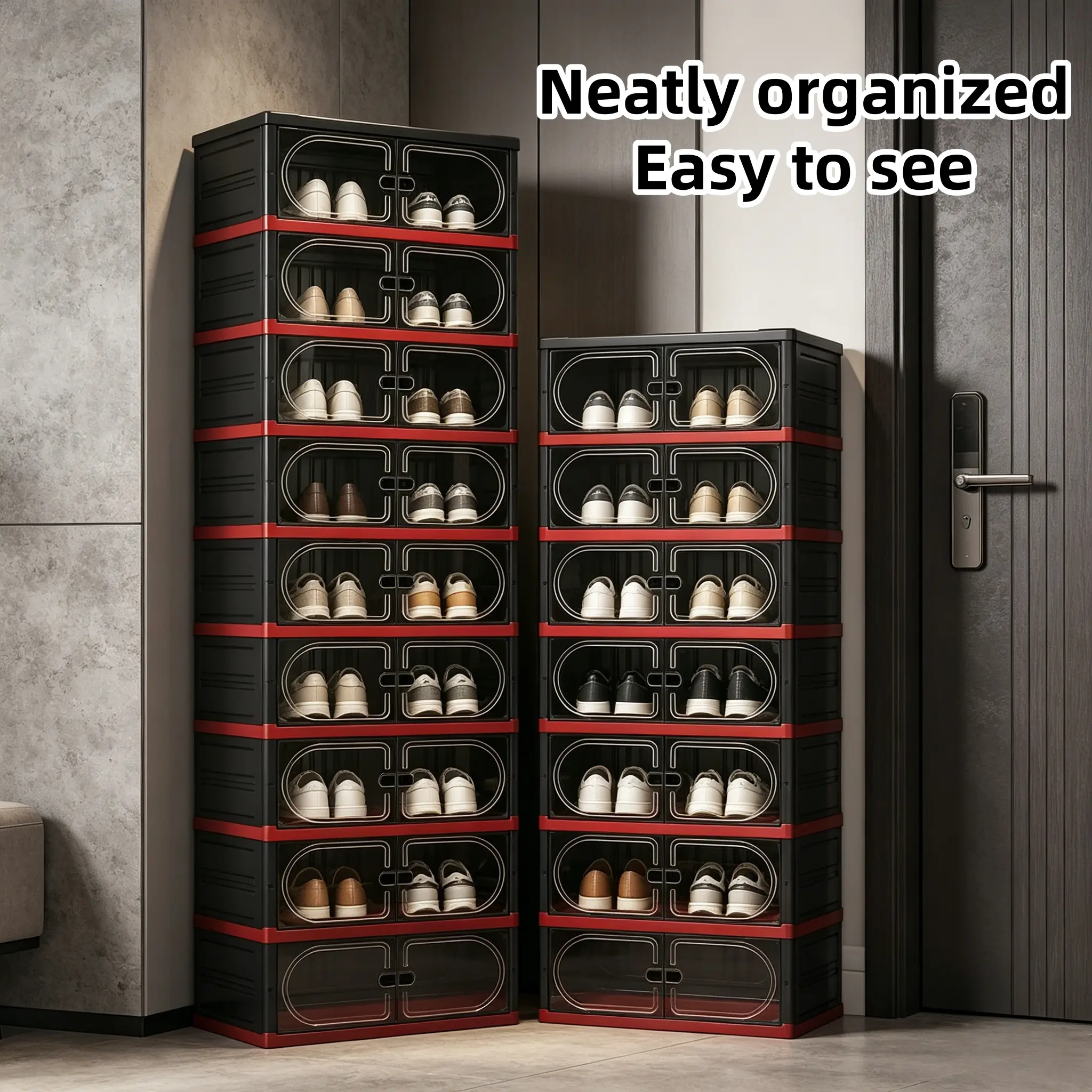 3/6/9 Tier Foldable Shoe Storage Cabinet with Clear Magnetic Doors – Stackable Plastic Shoe Boxes, Modular Space-Saving Shoe Organizer for Entryway, Closet & Bedroom, No Tools Easy Assembly Large Capacity Sneaker Rack, Black & Red
