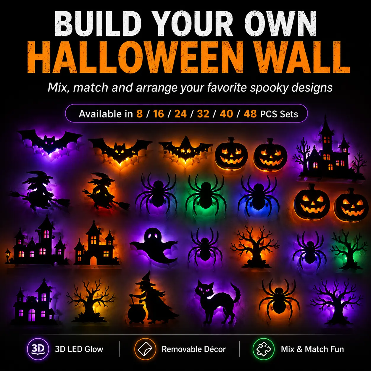 Halloween 3D LED Wall Light Set, 8/16/24/32/40/48PCS Lightweight Glowing LEDs Decorations with Multiple Silhouettes, Removable Spooky Bat Pumpkin Witch Spider Décor