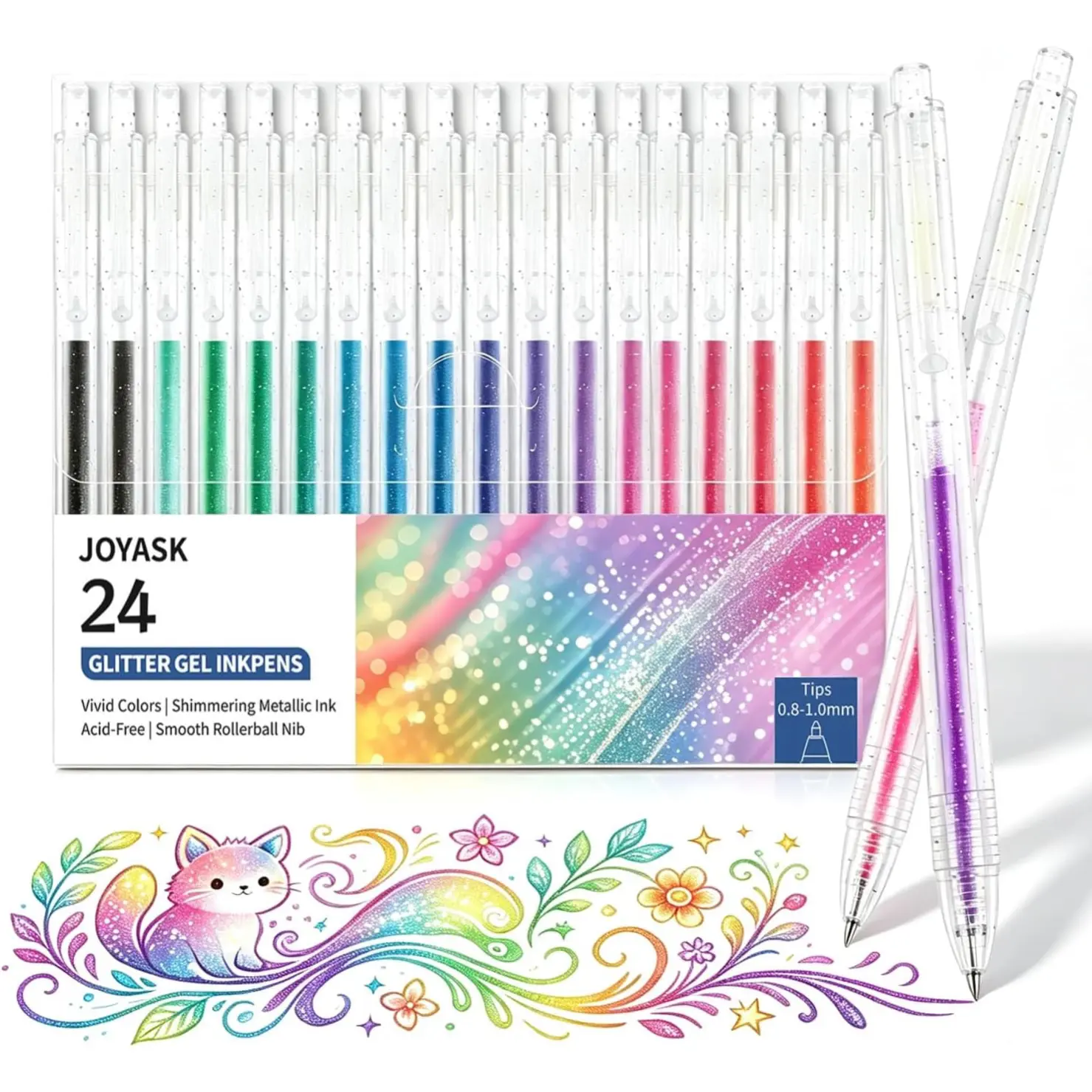 Glitter Gel Pens, Metallic Vibrant Sparkle Pen for Coloring Journaling Drawing Doodling Colored Pen Colored Gel Pens for Kids Adult Fun Pens 0.8-1mm