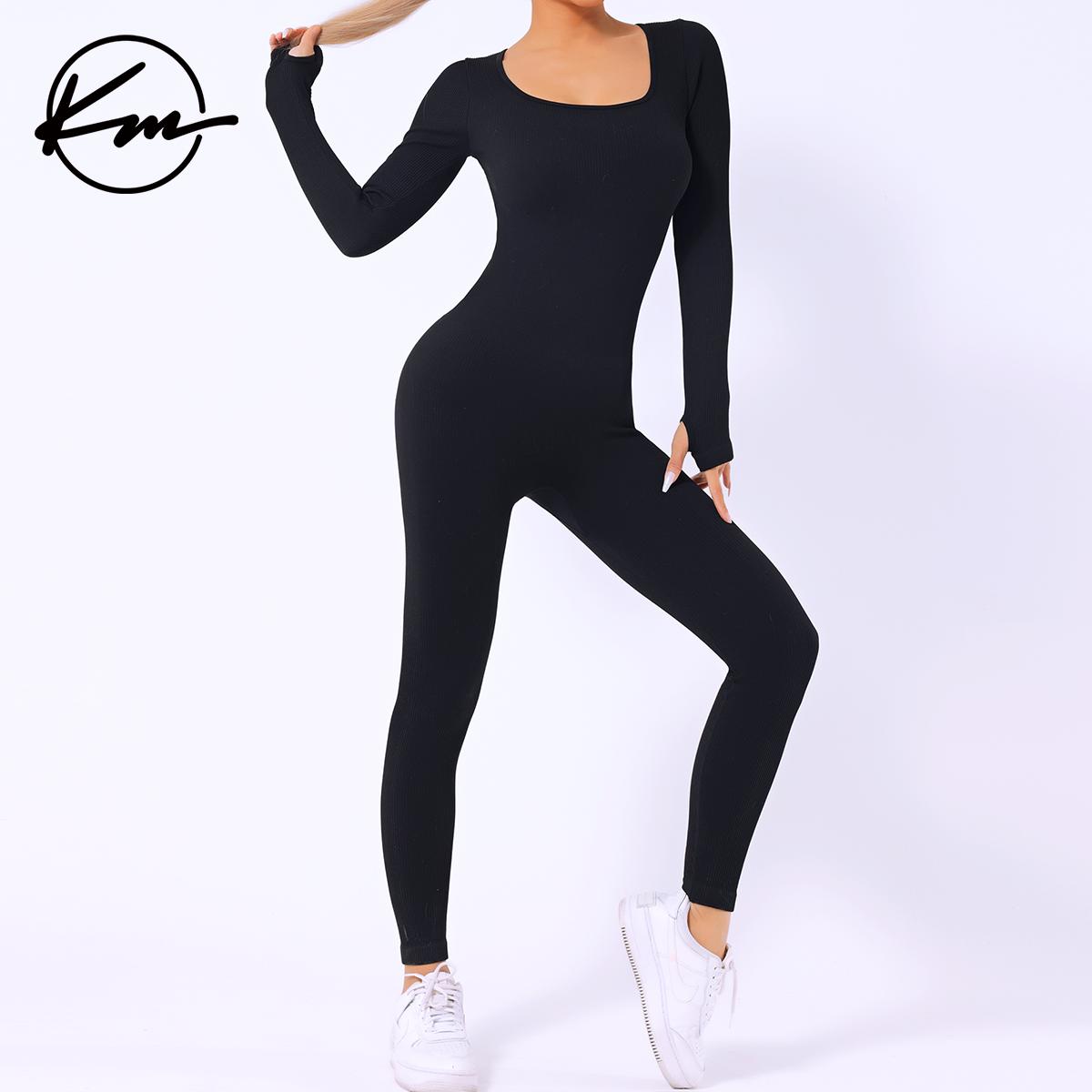 KatchMe Womenswear Solid Color U Neck Seamless Shaping Jumpsuit-CC,Thumb Holes Design Jumpsuit,Slim-Fitting Stretchy Tummy Control Shapewear