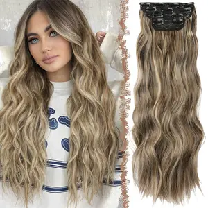 Clip in Hair Extensions 4 PCS Long Wavy Thick Clip-in Hairpieces Full Head Synthetic Hairpiece  Extension for Women Girls Daily Party Light Brown Mixed Ash Blonden 20 Inch