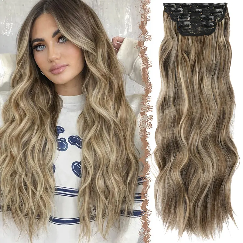 Clip in Hair Extensions 4 PCS Long Wavy Thick Clip-in Hairpieces Full Head Synthetic Hairpiece  Extension for Women Girls Daily Party Light Brown Mixed Ash Blonden 20 Inch